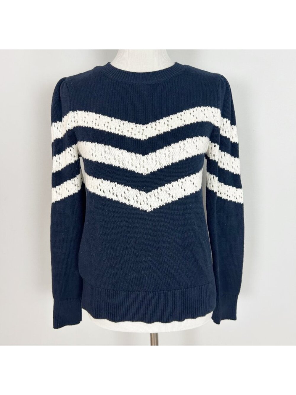 Loft Navy Blue &‎ White Pointelle Crewneck Sweater Coastal Nautical Size Small